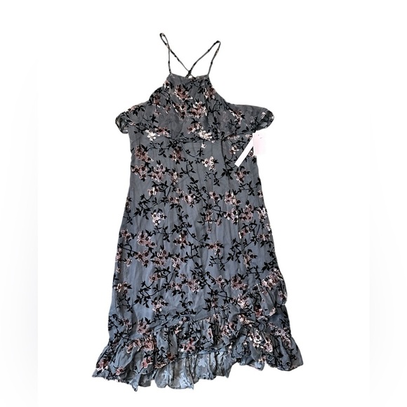 NWT Avec Les Filles Women Gray Floral Velvet Sheer Halter Cocktail Dress Size 12 - Picture 3 of 8